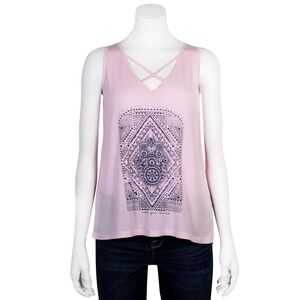Grayson Threads‎ Criss Cross V Neck Karma Sheer Back Tank Pink Sz M NWT